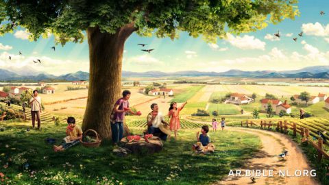 بذرة، والأرض، وشجرة، وضوء الشمس، والطيور المغردة، والإنسان